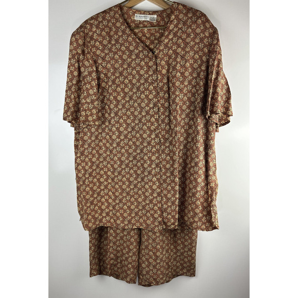 Vintage Elisabeth Liz Claiborne 100% Silk Print SS Top & Pants Set Plus Size 18 - Picture 2 of 16
